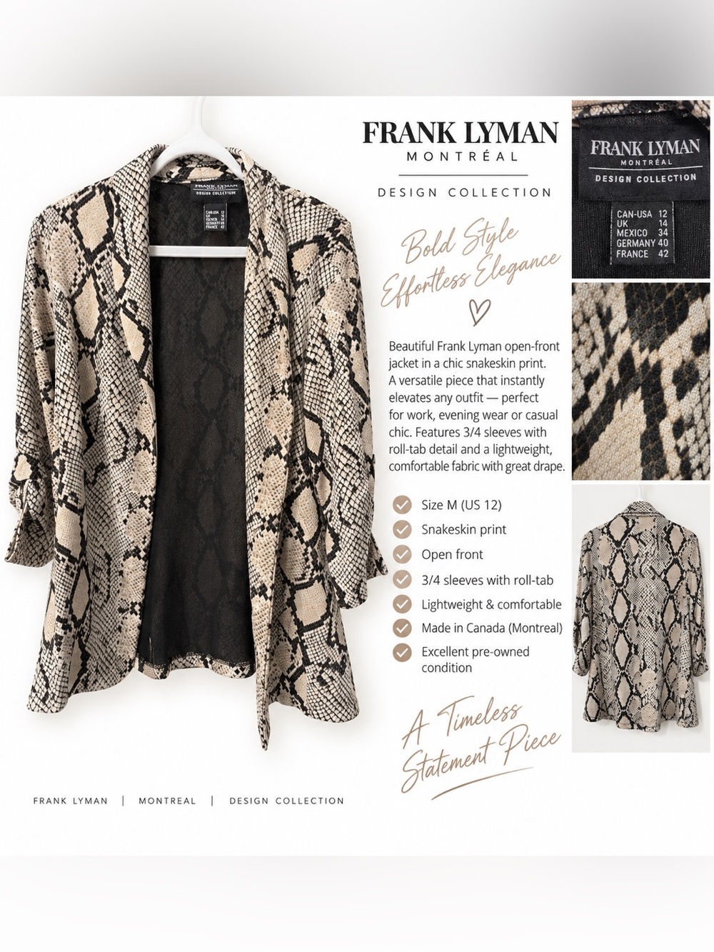 Frank Lyman Montréal Snakeskin Print Open Front Jacket – Size 12/M